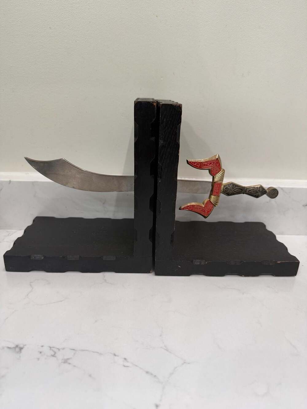 Vintage Wooden Scimitar Sword Bookends with Gold and Red Filigree Hilt